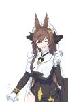  1girl animal_ears asymmetrical_clothes bangs breasts brown_hair closed_eyes detached_sleeves eudoxia eyebrows_visible_through_hair frilled_sleeves frills galleon_(granblue_fantasy) gameplay_mechanics gloves granblue_fantasy highres horns large_breasts long_hair multicolored_hair solo streaked_hair very_long_hair white_background white_gloves 