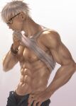  1boy abs bangs bare_arms bare_shoulders black-framed_eyewear black_male_underwear bracelet brown_eyes character_request clothes_lift cowboy_shot fate/grand_order fate_(series) from_side grey_background grey_hair grey_tank_top hand_on_hip highres jewelry male_focus male_underwear mondi_hl muscular muscular_male navel nipples open_pants pants shiny shiny_skin shirt_lift short_hair simple_background tank_top twitter_username underwear 