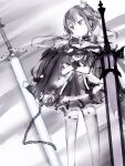  1girl choker closed_mouth crossed_arms double_bun dress feet_out_of_frame garter_straps greyscale highres hololive jacket jacket_on_shoulders monochrome nanashi_(nlo) planted planted_sword purple_theme solo standing sword thigh-highs uruha_rushia weapon wristband 