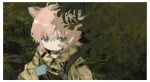  1girl ahoge animal_ear_fluff animal_ears arknights bandaid bandaid_on_cheek bangs blue_eyes blue_gloves camouflage camouflage_jacket closed_mouth commentary_request day eyebrows_behind_hair gloves green_jacket hair_between_eyes hand_up jacket long_sleeves looking_at_viewer nagi_(nag_070) outdoors pink_hair plant solo sussurro_(arknights) 