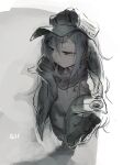  1girl bangs character_name closed_mouth coat from_above g11_(girls&#039;_frontline) girls_frontline grey_eyes grey_hair grey_theme hair_between_eyes hat long_hair long_sleeves open_clothes open_coat perspective simple_background sketch solo standing yasushi 