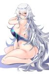  1girl absurdres ass azur_lane blush breasts eyebrows_visible_through_hair from_side graf_zeppelin_(azur_lane) hair_between_eyes hey_taisyou highres kneeling large_breasts long_hair looking_at_viewer looking_back messy_hair one-piece_swimsuit red_eyes shadow sideboob simple_background solo swimsuit thighs very_long_hair white_background white_hair 