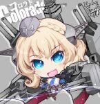  1girl black_gloves black_legwear blonde_hair blue_eyes blue_necktie braid breasts cannon capelet character_name chibi colorado_(kancolle) dress elbow_gloves garrison_cap gloves grey_capelet grey_dress grey_headwear hat headgear highres kantai_collection kuroneko_(kuroneko_works) large_breasts lattice_mast necktie pantyhose pleated_dress rigging shirt short_hair side_braids sideboob sleeveless solo turret white_shirt 