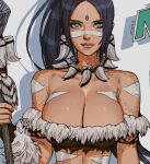  1girl bare_shoulders black_hair bodypaint breasts closed_mouth collarbone dark-skinned_female dark_skin duplicate earrings etama_quomo facepaint fur_trim gem green_eyes hatching_(texture) holding holding_polearm holding_weapon jewelry league_of_legends long_hair looking_at_viewer necklace nidalee off_shoulder pixel-perfect_duplicate polearm ponytail signature spear tooth_earrings tooth_necklace torn torn_clothes upper_body weapon 