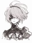  1girl blindfold dizi930 greyscale hairband highres mole mole_under_mouth monochrome nier_(series) nier_automata parted_lips puffy_sleeves short_hair simple_background sketch solo turtleneck upper_body white_background wind yorha_no._2_type_b 