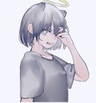  1girl animal_ears black_nails cat_ears collarbone commentary fangs from_side grey_eyes grey_hair grey_shirt grey_theme halo hand_in_hair hand_up highres long_hair noco_(pixiv14976070) open_mouth original shirt short_hair short_sleeves solo star-shaped_pupils star_(symbol) symbol-shaped_pupils t-shirt upper_body 