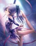  1girl absurdres angel_beats! arms_up back ballet blurry dancing depth_of_field goto_p highres long_hair looking_back ponytail reaching_out ribbon scan solo tachibana_kanade upskirt white_hair 