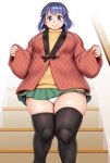  1girl bangs black_legwear blue_eyes blue_hair blush closed_mouth commentary_request eyebrows_visible_through_hair fat fat_step-sister_(orizen) feet_out_of_frame green_skirt highres long_sleeves looking_at_viewer medium_hair original orizen panties pleated_skirt skirt solo stairs straight-on tareme thick_thighs thigh-highs thighs underwear white_panties zettai_ryouiki 