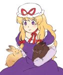  1girl blonde_hair bow dress elbow_gloves gloves hair_bow hat hat_ribbon mob_cap neck_ribbon nekolina puffy_short_sleeves puffy_sleeves purple_dress rabbit red_bow red_ribbon ribbon short_sleeves simple_background smile touhou violet_eyes white_background white_gloves white_headwear yakumo_yukari 