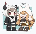  2girls :3 :d animal_ears animal_hat arknights black_dress black_footwear black_jacket black_legwear black_skirt blue_background blush_stickers boots brown_hair ceobe_(arknights) chibi closed_eyes closed_mouth commentary_request dress fake_animal_ears fang grey_background hat headpat highres hood hood_up hooded_jacket jacket long_hair multiple_girls open_clothes open_jacket pleated_skirt red_eyes short_eyebrows single_thighhigh skirt smile someyaya thick_eyebrows thigh-highs translation_request two-tone_background very_long_hair vulcan_(arknights) 