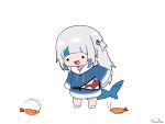  1girl bangs blue_eyes blue_hair fish_tail gawr_gura hololive hololive_english multicolored_hair open_mouth shark_tail sharp_teeth shrimp silver_hair simple_background streaked_hair tail teeth torororose virtual_youtuber white_background 