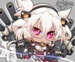  1girl budget_sarashi cannon character_name chibi dark-skinned_female dark_skin glasses hair_between_eyes headgear highres kantai_collection kuroneko_(kuroneko_works) musashi_(kancolle) platinum_blonde_hair pointy_hair rectangular_eyewear red_eyes rigging sakuramon sarashi semi-rimless_eyewear short_hair_with_long_locks solo turret 