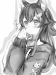  1girl animal_ear_fluff animal_ears belt_collar blush closed_mouth collar greyscale hair_flaps hair_ornament hairclip hands_up highres hololive hood hood_down long_sleeves looking_at_viewer monochrome nanashi_(nlo) ookami_mio own_hands_together sleeves_past_wrists smile solo upper_body wolf_ears 
