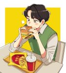  1boy black_eyes black_hair black_necktie blush burger chair collared_shirt eating food french_fries green_vest holding holding_food moi03_moi08 mole mole_under_eye necktie original shadow shirt short_hair sitting solo table vest white_shirt yellow_background 