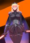  1girl absurdres black_background black_gloves blonde_hair boots cape diagonal_stripes dual_wielding gloves highres holding long_hair pilot_suit purplet skin_tight solo star_wars star_wars_manga striped thigh-highs thigh_boots thigh_gap thighs tiara 