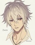  1boy aohitsugi_samatoki bangs character_name collarbone collared_shirt commentary_request cropped_shoulders ear_piercing earrings eyebrows_visible_through_hair face grey_hair hair_between_eyes hypnosis_mic jewelry looking_at_viewer male_focus mashima_shima messy_hair necklace parted_lips piercing portrait shirt short_hair simple_background solo twitter_username white_background white_shirt 