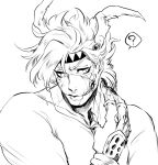  1boy ? battle_tendency claws facial_mark fangs feather_hair_ornament feathers fingerless_gloves glasgow_smile gloves hair_ornament hand_on_own_neck headband jojo_no_kimyou_na_bouken male_focus monochrome scary_monsters_(stand) solo spoken_question_mark steel_ball_run sujiko_(125motimoti) 