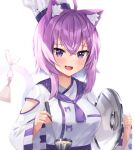  1girl :d ahoge animal_ear_fluff animal_ears bangs bell blush breasts cat_ears cat_girl cat_tail commentary_request eyebrows_visible_through_hair fang hair_between_eyes highres holding holding_ladle hololive ladle large_breasts long_sleeves looking_at_viewer medium_hair neckerchief nekomata_okayu purple_hair purple_neckerchief ribbon sidelocks simple_background skin_fang smile solo tail tail_bell tail_ornament tail_raised tail_ribbon upper_body violet_eyes virtual_youtuber white_background woogi_(duguddnr) 