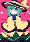  1girl :3 absurdres bangs black_headwear blouse blue_eyes blush buttons collared_blouse diamond_button eyeball frilled_shirt_collar frilled_sleeves frills green_hair green_skirt hair_between_eyes hat hat_ribbon heart heart-shaped_pupils heart_of_string highres holding_eye komeiji_koishi long_sleeves magenta_background medium_hair ribbon simple_background skirt sleeves_past_fingers sleeves_past_wrists solo symbol-shaped_pupils third_eye touhou wavy_hair wide_sleeves yellow_blouse yellow_ribbon you_(noanoamoemoe) 