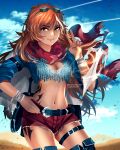  1girl anonamos armor bandaged_wrist bandages belt blue_sky boots cape carmine_esclados chainmail contrapposto cowboy_shot dark-skinned_female dark_skin day floating floating_object floating_weapon goggles goggles_on_head hand_on_hip highres long_hair looking_at_viewer multicolored_hair navel orange_hair outdoors parted_lips rwby sai_(weapon) sheath shorts sky smile solo stomach stomach_tattoo streaked_hair tattoo thigh-highs thigh_boots thigh_strap twitter_username v white_hair yellow_eyes 