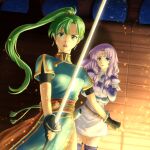  2girls blue_dress dress earrings fingerless_gloves fire_emblem fire_emblem:_the_blazing_blade firelight florina_(fire_emblem) frown furrowed_brow gloves green_eyes green_hair highres jewelry katana long_hair looking_at_viewer lyn_(fire_emblem) miraioranji multiple_girls open_mouth pegasus_knight_uniform_(fire_emblem) ponytail purple_hair rope_belt skirt sword very_long_hair weapon white_skirt worried 