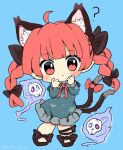  1girl ? ahoge animal_ear_fluff animal_ears artist_name black_bow black_footwear blue_background blush bow cat_ears cat_tail chibi dress extra_ears ghost green_dress hitodama kaenbyou_rin leg_ribbon multiple_tails necktie pointy_ears ramudia_(lamyun) red_bow red_eyes redhead ribbon signature skull slit_pupils standing tail tail_bow tail_ornament touhou twitter_username two_tails 