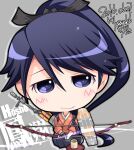  1girl arrow_(projectile) black_hakama blue_eyes blue_hair bow_(weapon) character_name chibi flight_deck hakama hakama_skirt highres holding holding_bow_(weapon) holding_weapon houshou_(kancolle) japanese_clothes kantai_collection kimono kuroneko_(kuroneko_works) long_hair pink_kimono ponytail rigging skirt smile solo tasuki weapon yumi_(bow) 