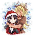  2girls ^_^ antlers arms_around_neck blonde_hair closed_eyes gloves hat kakegurui multiple_girls reindeer_antlers santa_hat sasaya totobami_terano totobami_yumi 