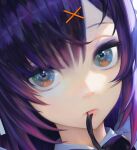  1girl black_neckwear borrowed_character closed_mouth cropped etama_quomo eyeshadow face green_eyes hair_between_eyes hair_ornament long_hair looking_at_viewer makeup mouth_hold original pink_lips purple_eyeshadow purple_hair signature solo upper_body x x_hair_ornament 