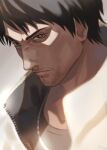  1boy black_shirt blue_eyes doujima_daigo facial_hair highres irei_yukitoshi jacket jewelry male_focus necklace ryuu_ga_gotoku ryuu_ga_gotoku_2 shirt short_hair upper_body white_jacket younger 