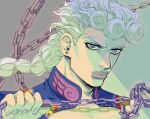  1boy blonde_hair blue_eyes braid chain collared_jacket earrings giorno_giovanna holding holding_chain jewelry jojo_no_kimyou_na_bouken lips male_focus nail_polish solo tariah_furlow 