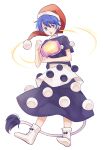  1girl :3 :p bangs black_capelet black_dress blue_eyes blue_hair blush boots capelet chinese_commentary closed_mouth commentary commentary_request doremy_sweet dream_soul dress full_body hat highres holding idaku looking_to_the_side nightcap pom_pom_(clothes) red_headwear santa_hat shiny shiny_hair short_hair simple_background smile solo tail tapir_tail tongue tongue_out touhou two-tone_dress white_background white_dress white_footwear 
