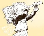  1girl belt closed_mouth dragon_quest dragon_quest_builders_2 dress earrings female_builder_(dqb2) gloves hammer jewelry long_hair looking_at_viewer monochrome natsuo_(hatohaco) simple_background slime_(dragon_quest) smile solo twintails 