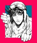  1boy aviator_cap battle_tendency blue_eyes goggles goggles_on_headwear jacket jojo_no_kimyou_na_bouken joseph_joestar joseph_joestar_(young) leather leather_jacket looking_to_the_side scarf smile solo sujiko_(125motimoti) through_screen 