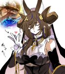  1girl 2shiki animal_ears arrow_(symbol) bangs belt belt_buckle black_ribbon blowing_kiss breasts brown_hair buckle closed_eyes commentary_request detached_sleeves dress earrings extra_ears eyelashes galleon_(granblue_fantasy) gloves granblue_fantasy hand_up heart horns jewelry large_breasts multicolored_hair neck_ribbon parted_lips ribbon sleeveless sleeveless_dress solo streaked_hair translation_request upper_body wamdus_(granblue_fantasy) white_gloves 