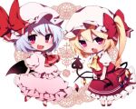  2girls :d :o ascot bangs bat_wings bow chibi crystal dress eyebrows_visible_through_hair fang flandre_scarlet full_body hat hat_bow holding laevatein_(touhou) looking_at_viewer mob_cap multiple_girls one_side_up open_mouth pink_dress pink_headwear puffy_short_sleeves puffy_sleeves purple_hair red_ascot red_bow red_eyes red_footwear red_skirt red_vest remilia_scarlet shirt short_hair short_sleeves siblings sisters skirt smile standing touhou vest white_headwear white_shirt wings yellow_ascot you_(noanoamoemoe) 