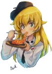  1girl anzio_school_uniform artist_name bangs beret black_headwear black_necktie blonde_hair carpaccio_(girls_und_panzer) commentary cropped_torso dress_shirt eating emblem eyebrows_visible_through_hair food fork girls_und_panzer green_eyes hat highres holding holding_fork holding_plate kuroneko_douji long_hair long_sleeves looking_at_viewer necktie pasta plate school_uniform shirt signature simple_background sketch solo sweatdrop tilted_headwear upper_body white_background white_shirt wing_collar 