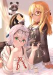  2girls absurdres blonde_hair breast_rest breasts closed_mouth elf eyewear_on_head glasses hamster highres hololive kintsuba_(shiranui_flare) large_breasts looking_at_viewer multiple_girls nyoon off_shoulder pointy_ears pop_(shirogane_noel) shiranui_flare shirogane_noel silver_hair smile v-shaped_eyebrows virtual_youtuber 