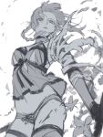  1girl absurdres bandaged_arm bandages bow dizi930 eyelashes flower gloves greyscale highres holding holding_weapon kaine_(nier) long_hair looking_down lunar_tear monochrome navel nier nier_(series) parted_lips sketch solo spot_color thigh-highs thigh_strap torn torn_clothes weapon yellow_eyes 