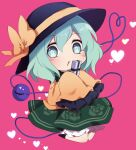  1girl :o aqua_eyes aqua_hair black_footwear black_headwear blouse blush chibi collared_blouse commentary_request eyeball eyebrows_visible_through_hair floral_print frilled_shirt_collar frilled_sleeves frills gift green_skirt hair_between_eyes hat hat_ribbon heart heart-shaped_pupils heart_of_string highres holding holding_gift komeiji_koishi long_sleeves looking_at_viewer magenta_background medium_hair open_mouth ribbon rose_print shoes simple_background skirt sleeves_past_fingers sleeves_past_wrists solo symbol-shaped_pupils third_eye touhou wavy_hair wide_sleeves yellow_blouse yellow_ribbon you_(noanoamoemoe) 