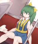  1girl bangs blue_skirt blue_vest bow breasts closed_eyes collared_shirt commentary_request cookie_(touhou) daiyousei diyusi_(cookie) dutch_angle expressionless eyebrows_visible_through_hair feet_out_of_frame green_hair hair_bow hide_(acceed) highres long_hair manatsu_no_yo_no_inmu medium_breasts necktie open_mouth ponytail puffy_short_sleeves puffy_sleeves rizeass shirt short_sleeves sitting skirt touhou train_interior vest white_shirt yellow_bow yellow_necktie 