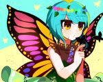  1girl animal antennae aqua_hair beryllium_(wintermerry) bug butterfly butterfly_wings dress eternity_larva eyebrows_visible_through_hair fairy green_dress leaf leaf_on_head lowres multicolored_clothes multicolored_dress orange_eyes short_hair single_strap solo touhou upper_body wings 