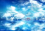  anonamos artist_name blue_sky clouds highres no_humans original reflection reflective_water ripples scenery sky torii tree white_tree 