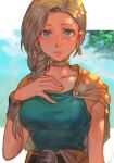  1girl bianca_(dq5) blonde_hair blue_eyes bracer braid breasts cape choker dragon_quest dragon_quest_v earrings hair_over_shoulder hand_on_own_chest hankuri jewelry long_hair looking_at_viewer outdoors single_braid solo upper_body 