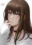  1girl bangs black_choker blush brown_eyes brown_hair choker close-up closed_mouth eyebrows_visible_through_hair girls_frontline green_hair highres jewelry long_sleeves looking_at_viewer m4a1_(girls&#039;_frontline) multicolored_hair necklace selcky shirt signature simple_background solo streaked_hair upper_body white_background white_shirt 