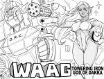 1girl bb_(baalbuddy) bodysuit breasts commentary covered_navel dark_elf elf english_commentary english_text facial_tattoo gloves greyscale gun hand_up helmet highres holding holding_helmet large_breasts long_hair looking_at_viewer machine_gun mecha missile monochrome orc original parody pilot_suit pointy_ears projected_inset salute simple_background smile smug solo sparkle standing tattoo weapon white_background 