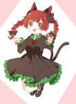  1girl animal_ears black_bow black_dress black_footwear blush bow braid cat_ears cat_tail dress extra_ears green_dress highres jumping kaenbyou_rin leg_ribbon mary_janes multiple_tails necktie open_mouth paw_pose red_bow red_eyes redhead ribbon sasaki_sakiko shoes simple_background smile solo tail touhou twin_braids two_tails 