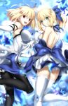  2girls absurdres ahoge alternate_costume arcueid_brunestud artoria_pendragon_(fate) black_legwear blonde_hair blue_background blue_bow blue_ribbon blue_skirt bow breasts elbow_gloves fate/grand_order fate/stay_night fate_(series) foo_(pixiv54892036) gloves green_eyes hair_between_eyes hair_bow halter_top halterneck highres large_breasts looking_at_viewer medium_breasts multiple_girls pantyhose ponytail red_eyes ribbon saber shirt shoulder_blades skirt smile standing standing_on_one_leg strap_gap thigh-highs thighs tsukihime white_legwear white_shirt zettai_ryouiki 