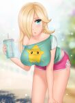  1girl :o alternate_costume aqua_shirt bare_legs bare_shoulders bent_over blonde_hair blue_eyes blurry blurry_background blush breasts casual collarbone cowboy_shot cup drink drinking_straw gigamessy hair_over_one_eye hanging_breasts highres holding holding_cup lace-up large_breasts liquid long_hair luma_(mario) midriff_peek open_mouth pink_shorts print_shirt rosalina shirt shirt_slip short_shorts short_sleeves shorts side_slit solo super_mario_bros. super_mario_galaxy taut_clothes taut_shirt 