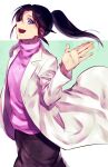  1boy :d asai_narumi black_skirt commentary crossdressing floating_hair green_background hand_up happy labcoat long_hair long_sleeves male_focus meitantei_conan open_mouth otoko_no_ko pencil_skirt ponytail purple_sweater skirt smile solo soraao0322 standing sweater turtleneck two-tone_background violet_eyes waving white_background 